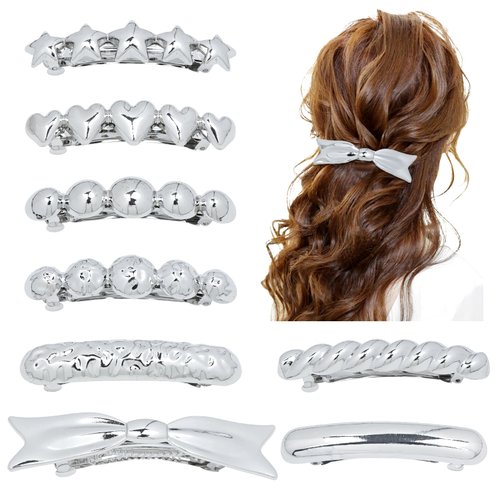 Dizila 8 Pieces Silver Metal Star Heart Bow French Hair Barrettes with Strong Hold Automatic Spring Hair Clips Clamps Accessories for Women Girls