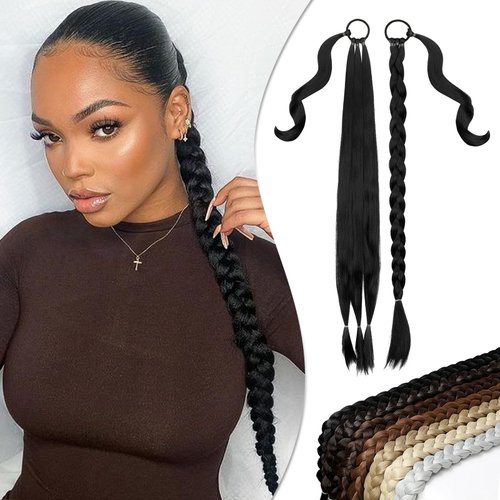 Wodelanle Long Braided Ponytail Extension with Hair Tie Dark Black Straight Wrap Around Braid Pon...
