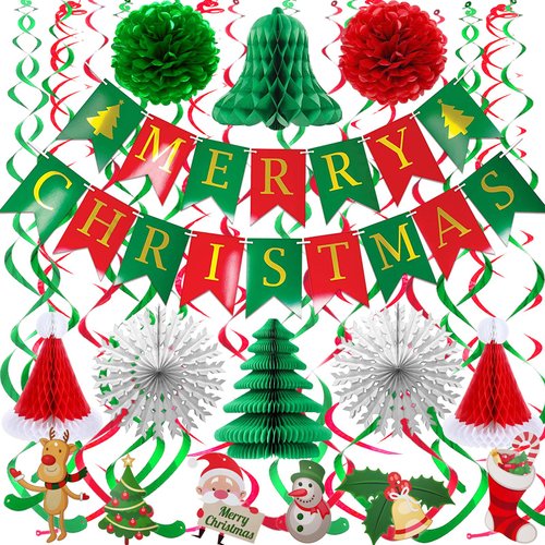 Fecedy MERRY CHRISTMAS Hanging Paper Banner Pom poms Paper flower Fan Paper Christmas tree Christmas hat&Swirl Streamers For Merry Christmas Party Decorations