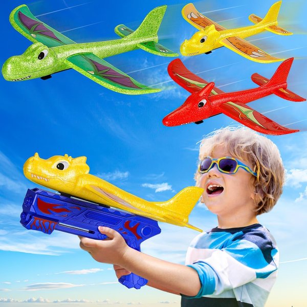 NARRIO 3 Pack Dinosaur Airplane Launcher Toys for Kids Ages 4-8: 2 Flight Modes Foam Glider Plane Toys for Kids 3-5 - Garden Outdoor Toys Birthday Gifts for 3 4 5 6 7 8 Year Old Boys Toys