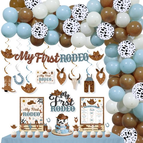 Cowboy 1st Birthday Party Decorations, My First Rodeo Decorations Boy, Cowboy 1st Birthday Balloons Arch, My First Rodeo Banner, Hanging Swirl, Cake Topper&Party Sign for Boy 1st Birthday Decorations