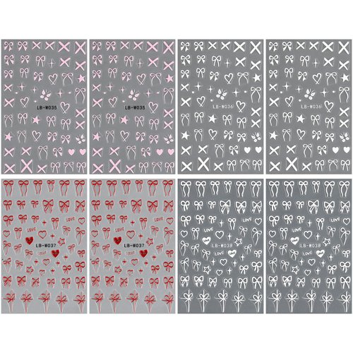 JMEOWIO 8 Sheets Heart Bow Tie Nail Art Stickers Decals Self-Adhesive Pegatinas Uñas Pink Nail Supplies Nail Art Design Decoration Accessories
