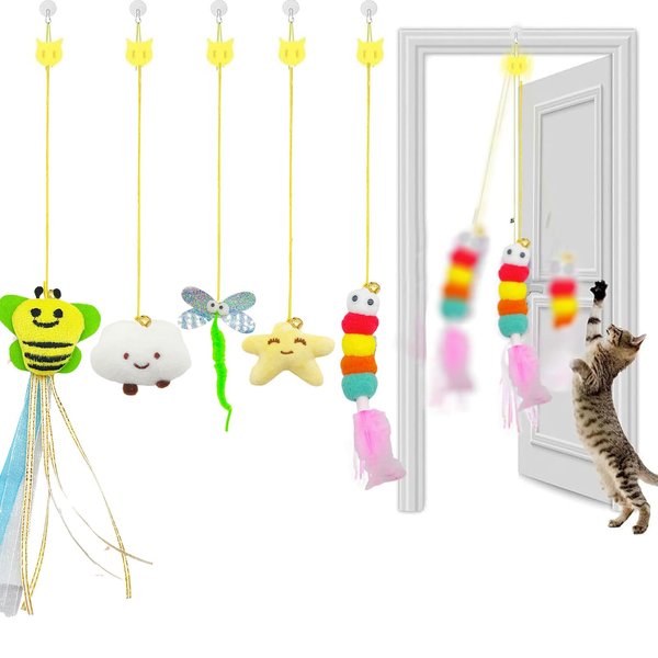 5 PCS Cat Door Toy, New Interactive Door Hanging cat Toys,Sound Toys，Cat Toys for Indoor Cats，Contain Cat Mint Retractable Door Hanging Animal Toys for Cats to Play Hunting Sports Indoors (B-star)