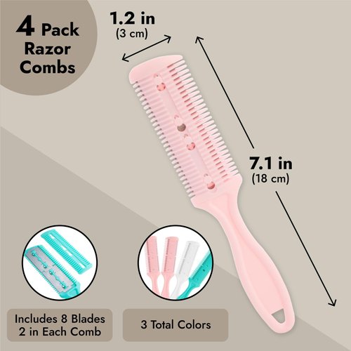 Glamlily 4 Pack Hair Thinning Comb Set, Razor Combs for Women (Assorted Colors, 7.1x1.2 inches)