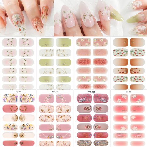 NEWSPIED 8 Sheets Summer Gel Nail Strips Stickers Spring Flowers Full Wrap Nail Stickers for Nail...