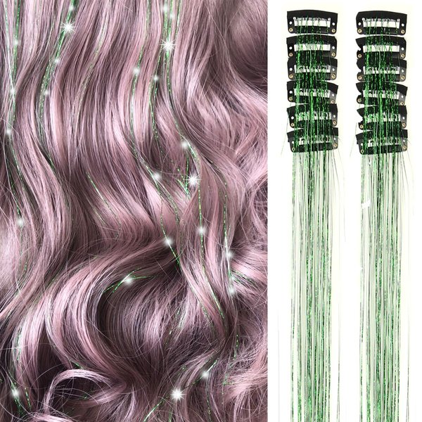 Clip in Hair Tinsel Pack of 12 Pcs 24 Inch Glitter Green Heat Resistant Sparkle Fairy Hair Extensions Accessories for Kids Girls & Women(24Inch 12Pcs,Grass Green)