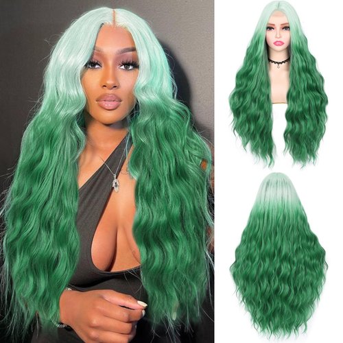 WIGNEE Long Wavy Wigs for Women Ombre Green Middle Part Wigs Teal Mermaid Wigs for Women Long Curly Colored Heat Resistant Wig for Cosplay Party Daily Use(Ombre Green,28”)