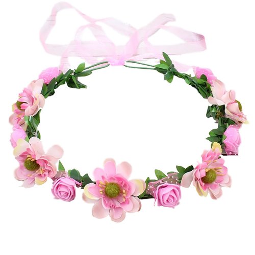 Floral Crown Flower Crown Headpiece Wedding Bridal Flower Girl Halo Maternity Photo Props, Boho Flower Garland Headbands Hair Wreath with Ribbon for Women Ladies Masquerades Party Festivals
