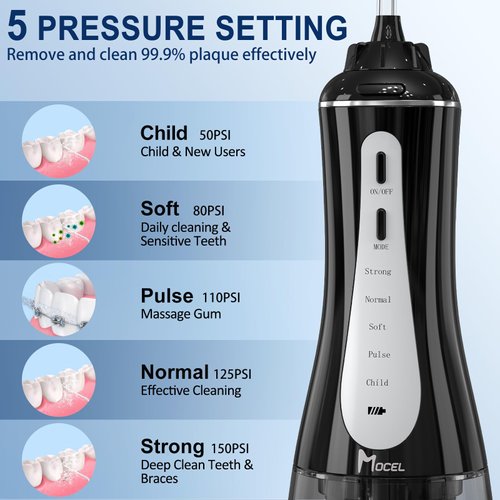 MOCEL Water Dental Flosser Oral Irrigator with 5 Modes, 350ml Cordless Water Teeth Cleaner Pick 6 Tips, IPX7 Waterproof Rechargeable Portable Powerful Battery for Travel & Home Braces & Bridges Care