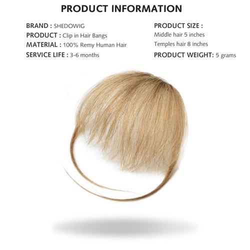 SHEDOWIG Clip in Bangs Remy Human Hair Extensions Front Fringe French Bangs with Temples Hairpiece Dark Blonde