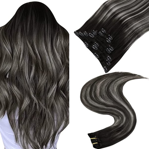 Easyouth Clip in Hair Extensions Ombre Clip in Extensions Real Human Hair Ombre Black To Silver Grey Balayage Clip in Extensions Straight Hair for Women 20inch 120g/7pcs