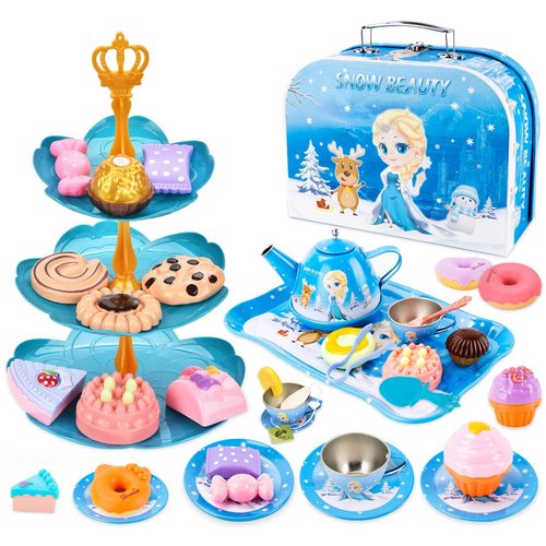 ilauke 59 Pcs Tea Party Set, Princess Tea Set Frozen Toys for Girls, Kids Tea Set Pretend Play Kitchen Including Dessert,Cookies,Doughnut,Teapot Tray Cake & Carrying Case