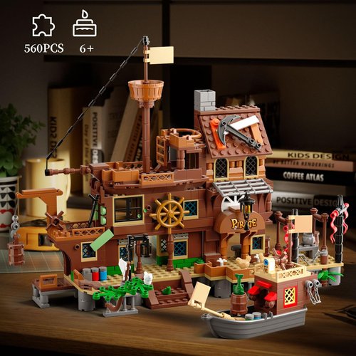 Pirate Ship Building Toys, Pirate Dock Themed City Building Block Set, A Gift Compatible with Lego Sets for Boys 8-14 & Adults (560pcs)