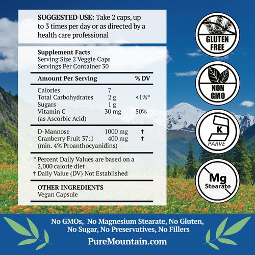 Pure Mountain Botanicals Cranberry D Mannose Capsules - 60 Kosher Vegan Caps - 1000mg D Mannose with Cranberry Concentrate Plus Vitamin C