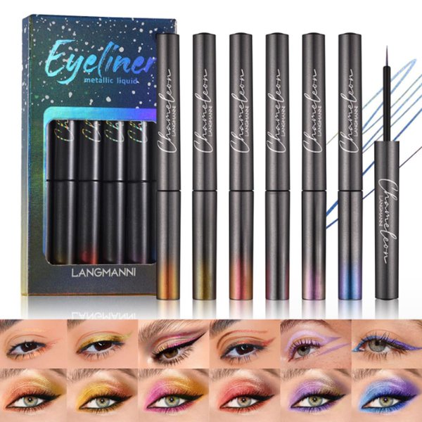 6 Colors Chameleon Liquid Eyeliner Set, Glitter Highly Pigmented Intense Color Shifting Metallic Satin Multi-Reflective Finish Glitter Eye Liner Long-lasting Shimmer Eye Shadow Makeup Pen (A)