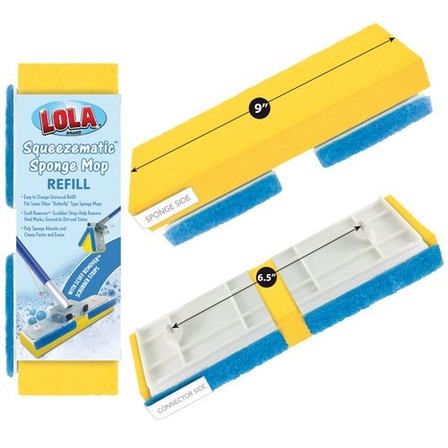 Lola Products SqueezeMatic Easy Clean Butterfly Sponge Mop Head Refill | 9" Wide Mop Head | Replacement Mop Head for Floor Cleaning | Fits Most Butterfly Squeeze Sponge Mops