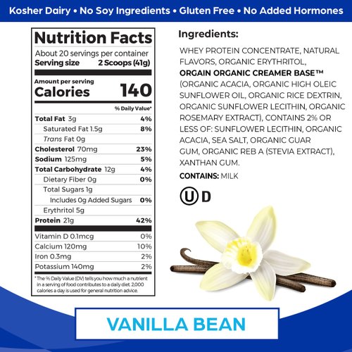 Orgain Whey Protein Powder, Vanilla Bean- 21g Grass Fed Dairy Protein, 5g BCAAs, 3g Prebiotic Fiber, No Sugar Added, No Added Hormones, Gluten Free, Kosher, For Shakes & Smoothies - 1.82lb