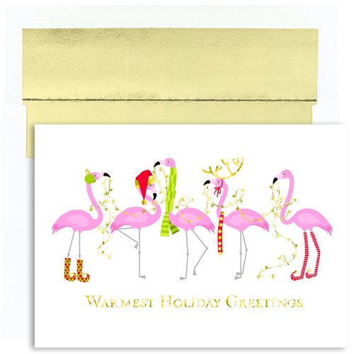 Masterpiece Studios Warmest Wishes 16-Count Boxed Holiday Cards with Foil-Lined Envelopes, 7.8" x 5.6", Fashionista Flamingos (816300)