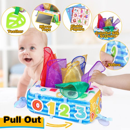 VPOJOY Baby Tissue Box Toy, Soft Montessori Tissue Box Baby Toys 6 to 12 Months, High Contrast Crinkle Paper Sensory Silk Scarves Toys for 1 Year Old Boys Girls Kids Early Learning Gifts