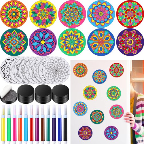 Relaxweex 50 Sets Magnetic Mandala Craft Mandala Painting Kits DIY Mandala Fridge Magnets Mandala Cardstock with Markers for Adults Stress Relieving Painting, Family Activity (Floral Style)