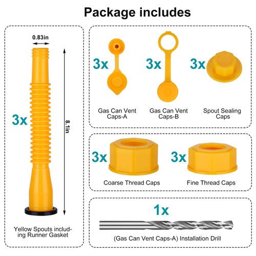 Gas Can Spout Replacement,Fuel Can Spout,Gas Tank Nozzle,Gas Can Nozzle,(3Kit-Yellow) with 3 Coarse Thread Caps & 3 Fine Thread Caps,Flexible Pour Nozzle Suitable,Built in Sealing Ring Prevent Leakage