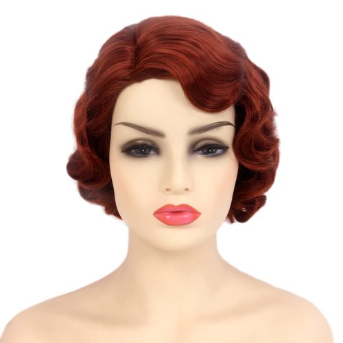 Baiansyy 1920s wigs for women Short Curly Flapper Wig Synthetic Heat Resistant Hair Full Wigs for Halloween Cosplay Costume Party Vintage Finger Wave Wigs(Redish Brown)