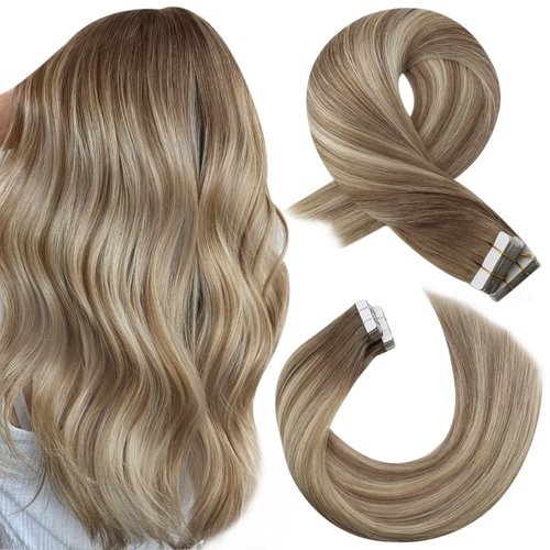 Moresoo Tape in Hair Extensions Human Hair Ombre Ash Brown to Blonde Mix with Light Blonde Hair Extensions Tape in Real Human Hair Balayage Tape in Extensions Real Hair 12 Inch #8/22/8 20pcs 30g