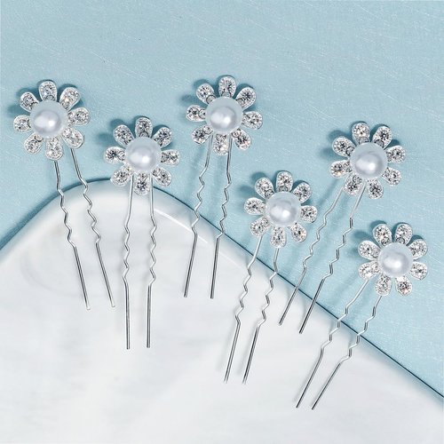 Vintage Crystal Pearl Sunflowers U Shape Hair Clips, 6Pcs Sparkle Rhinestone Hair Clips French Pearl Barrettes, Wedding Hair Pins Hair Accessories for Women Girls Bride Bridesmaid