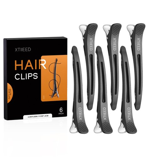 XTIIEED 6 Pack Professional Hair Clips for Styling Sectioning, Non Slip Duck Billed with Silicone Band, Hair Roller Clips No Crease - Length 4.3'' for Salon and Home Haircuts(Black)