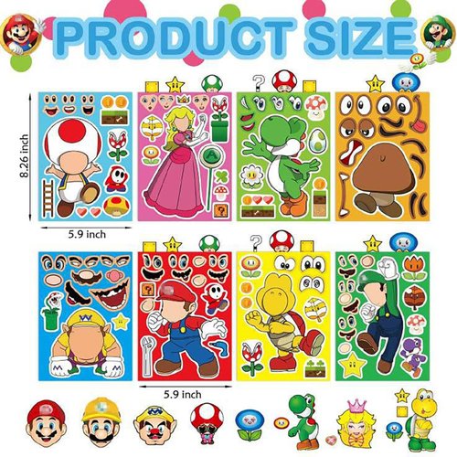 32Pcs Mario Make a Face Stickers, Cartoon Book Crafts for Kids, DIY Party Supplies Favors Your Own Mixed and Matched with Different Designs Characters Birthday Gifts Class Reward Decor