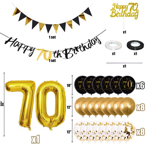 Jobkoo 70th Birthday Decorations Men, Black Gold 70th Birthday Party Decoration Women Golden Black 70th Birthday Balloons 70th Cake Topper Happy 70 Birthday Banner for 70 Year Old Birthday Supplies