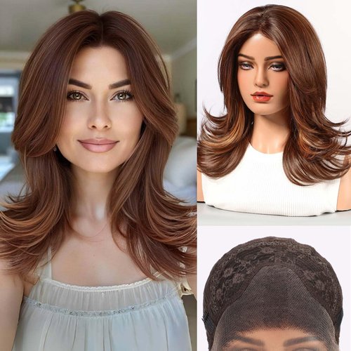 starluck Wig for Women Lace Front Wigs Synthetic Wigs for Women 18-Inch Shoulder Length Layered Natural Wavy Wig Ombre Red Brown