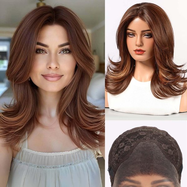 starluck Wig for Women Lace Front Wigs Synthetic Wigs for Women 18-Inch Shoulder Length Layered Natural Wavy Wig Ombre Red Brown