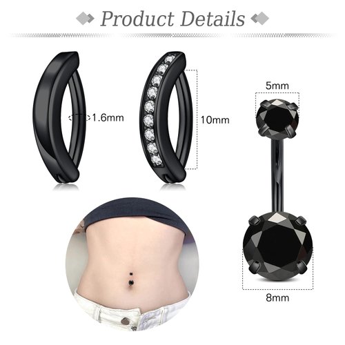 JFORYOU 14G 3PCS Belly Button Rings for Women Black Surgical Steel CZ Navel Rings Halloween Belly Piercing Jewelry