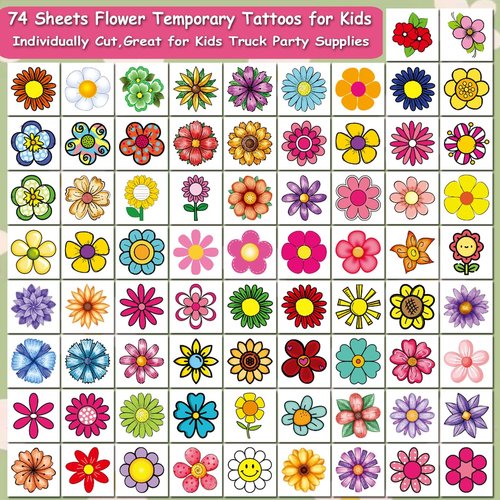 CHARLENT Flower Temporary Tattoos for Kids - 74 Individually Sheets Flower Tattoos Stickers for Girls Birthday Party Favors Goodie Bag Fillers