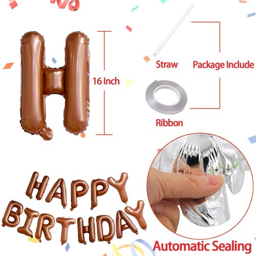 Brown Happy Birthday Balloons Banner,16 Inch Mylar Foil Letters Sign,Reusable Balloons for Women, Men, Boys & Girls Birthday Decorations Party Supplies