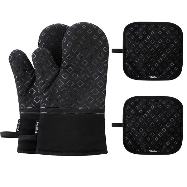 Piduules Set of 4 Oven Mitts and Pot Holders, 482 F Heat Resistant Hot Plate Moving Non-Slip Gloves for BBQ, Grill, Baking, Cooking, Oven, Microwave (Black)