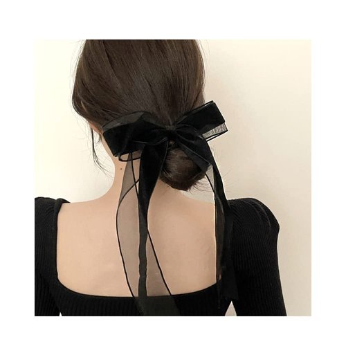2pcs Black Velvet Bowknot Hair Clips with Ribbons Tails - Snap Barrette Hair Accessories Gift for Women and Girls