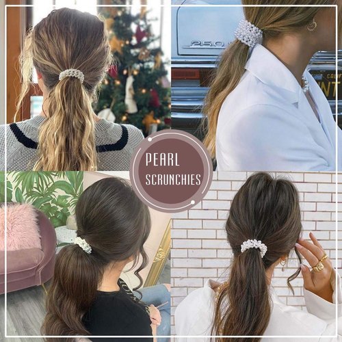 Unicra Pearl Hair Ties Beaded Fashion Elastic Hair Scrunchies Set Fancy Pearls Decorative Ponytail Holder Hair Accessories for Women and Girls 3PCS (Pearl)