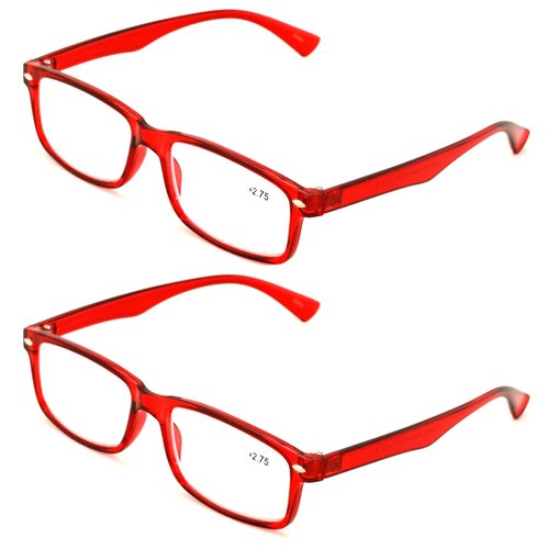 2 Pairs Casual Rectangular Reading Glasses - Stylish Simple Readers Magnification Transparent Blue Red (2 Red, 2.25)