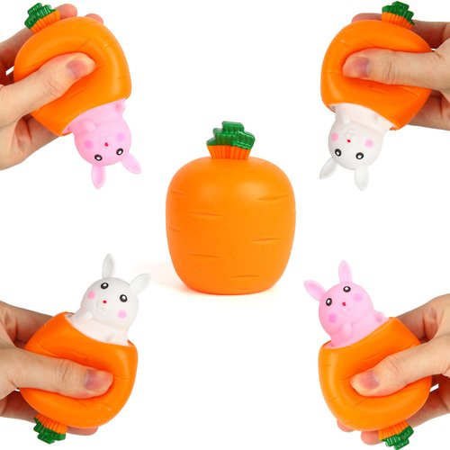 FINGOOO Easter Squeeze Fidget Toys for Kids Adult,4 Pack Carrot Shape White Pink Bunny Pop Up Str...