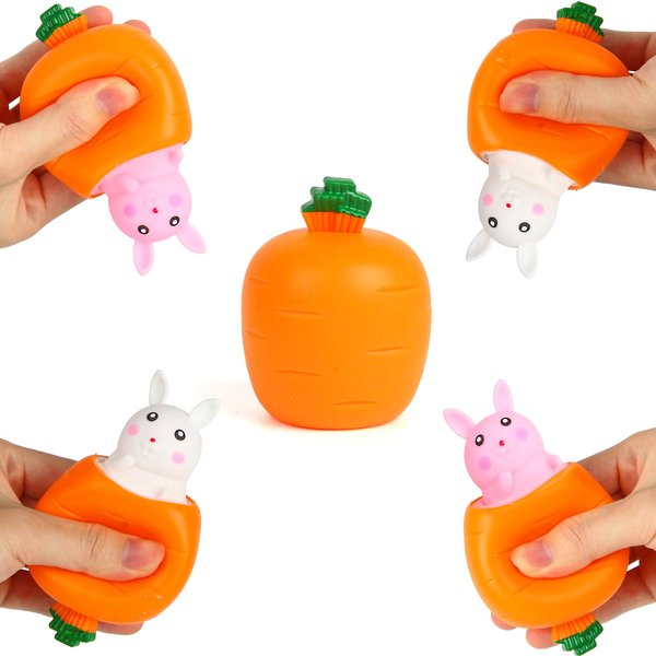 FINGOOO Easter Squeeze Fidget Toys for Kids Adult,4 Pack Carrot Shape White Pink Bunny Pop Up Stress Sensory Toy Easter Basket Stuffers Party Favors