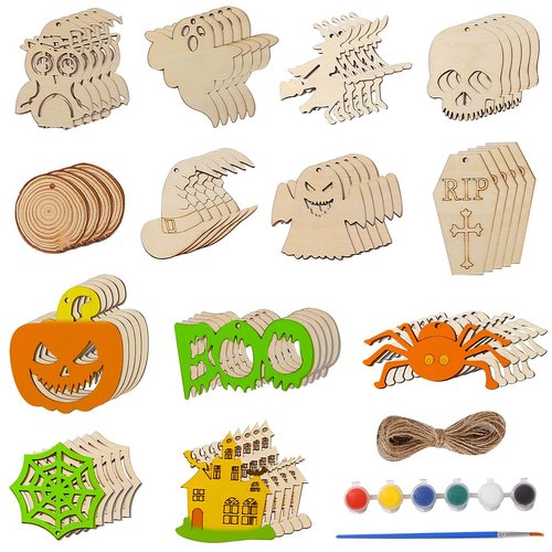 sanendin 52 Pcs Halloween Craft Wooden Kit -Halloween Wood Blank Cutouts Hanging Ornaments,Halloween Decorations Indoor Halloween Party Supplies,Craft Party Favor Family School Activities