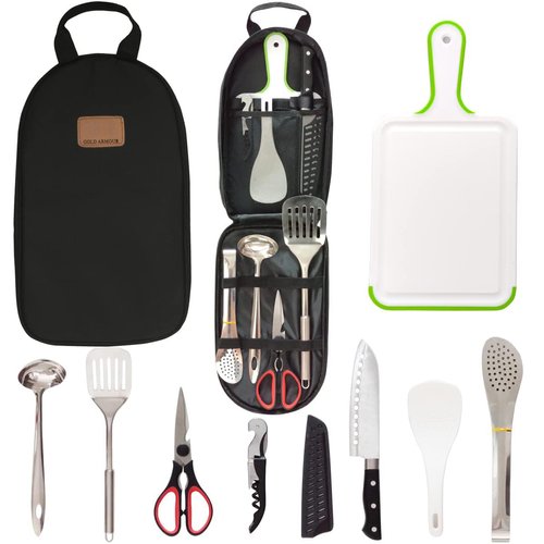 Camp Kitchen Utensil Organizer Travel Set Portable Bbq Camping Cookware Stainless Steel Utensils Travel Kit Outdoor Equipment Cutting Board Tongs Scissors Knife Ladle Spatula