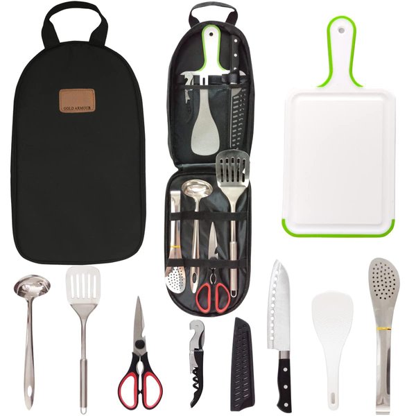 Camp Kitchen Utensil Organizer Travel Set Portable Bbq Camping Cookware Stainless Steel Utensils Travel Kit Outdoor Equipment Cutting Board Tongs Scissors Knife Ladle Spatula