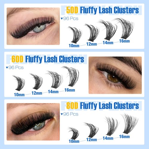 EYDEVRO Fluffy Lash Clusters Kit 50D60D80D Lash Extension Kit Cluster Eyelash Extension Kit 10-16mm D Curl Volume Individual Lashes Kit Cluster Lashes with Waterproof Lash Bond and Seal Lash Tweezers