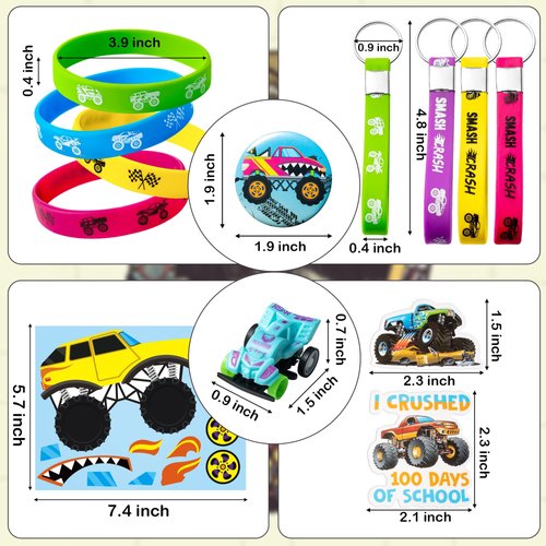 ANGOLIO 110Pcs Monster Truck Party Favors Kits, Favors All-in-One Pack Party Supplies Include Monster Truck Stickers Keychain Bracelet Badge Car Face Stickers for Boys Kids Birthday Party Supplies