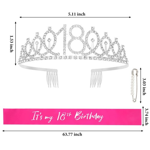CAVETEE 18th Birthday Crown for Girls, 18th Birthday Tiara and Sash Set for Women It's 18th My Birthday Sash Rhinestone Crown, 18th Birthday Party Decorations, 18 Birthday Decorations for Girls