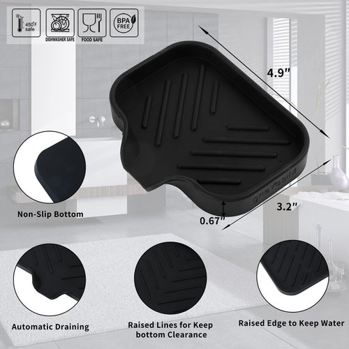 MicoYang Silicone Bathroom Soap Dishes with Drain Spout-Bathroom and Kitchen Sink Organizer,Sponge Holder,Dish Soap Tray,Perfect for Dispenser,Scrubber,Bottle,Cup on Sink or Counter-Black 4.9"×3.2"