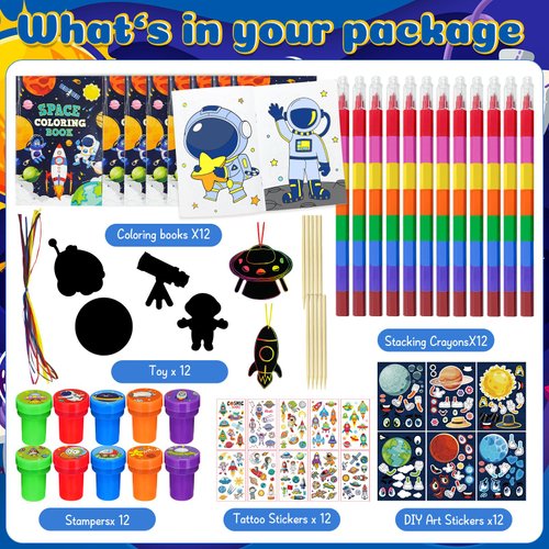 72 Pcs Outer Space Coloring Book with Crayons Party Favors,Space Astronaut Party Goodie Bags Fillers,Galaxy Planet Birthday Party Games Craft DIY Kit Magic Scratch Art Paper Tattoo for Rocket Pinatas